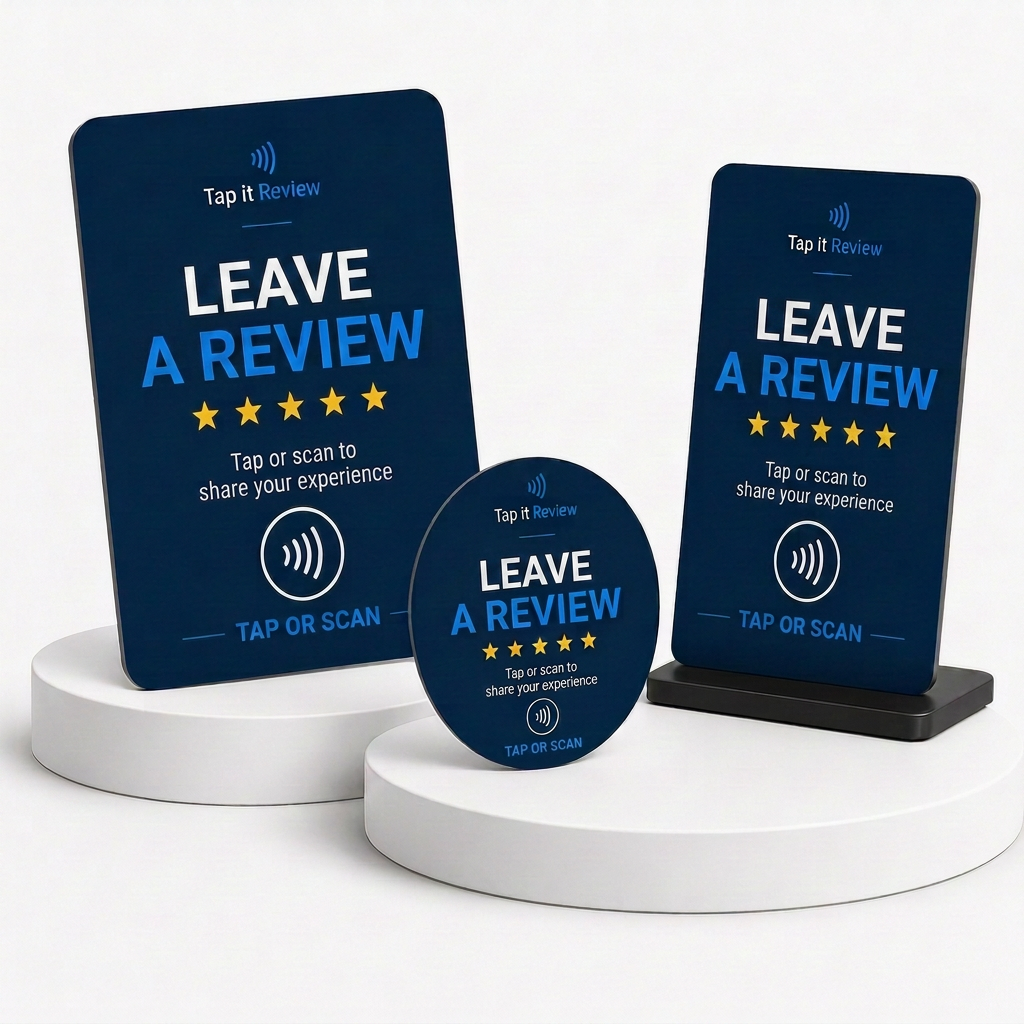 Tap It Review NFC card, stand and sticker